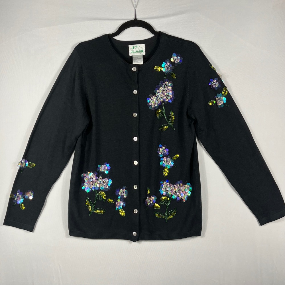 Vtg 90s Y2K Quacker Factory Beaded Sequin Floral Cardigan Sweater Blk M/L Whimsy